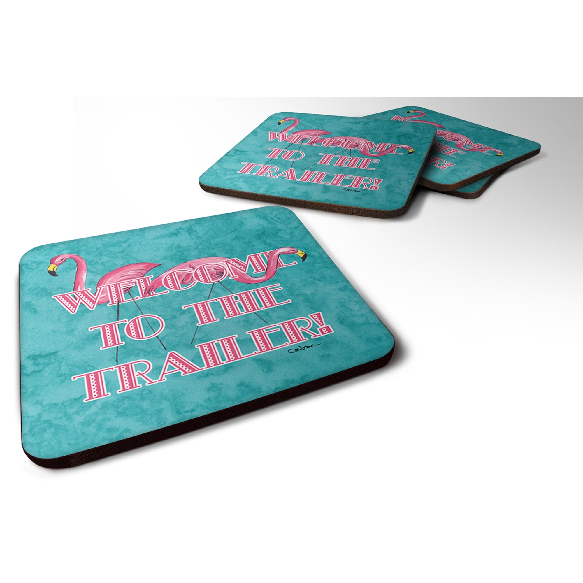 Welcome To The Trailer With Flamingos Foam Coaster Set Of 4